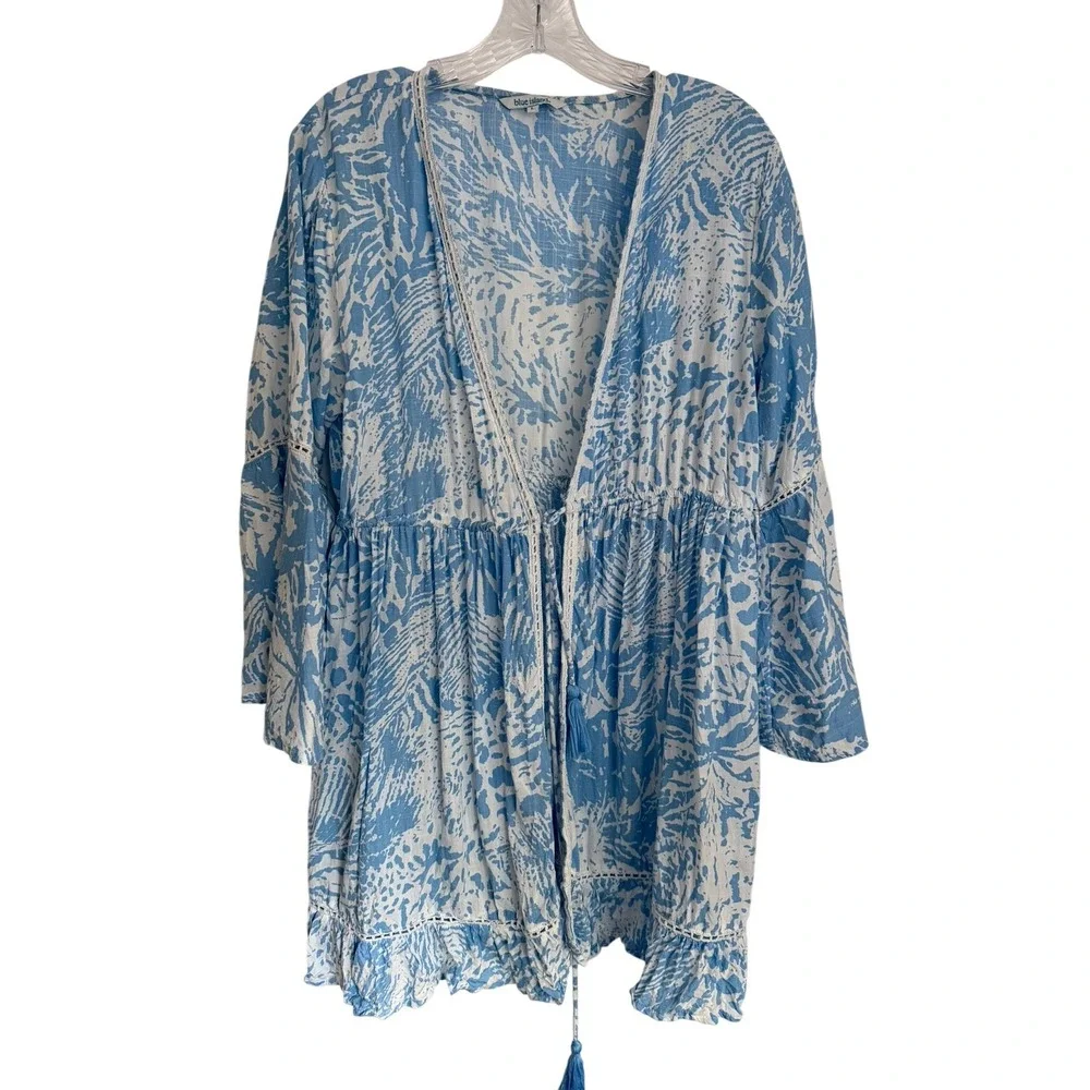 Blue Island Womens Light Blue Tropical Print Bell Sleeve Kimono Cover Up Large - Picture 1 of 10